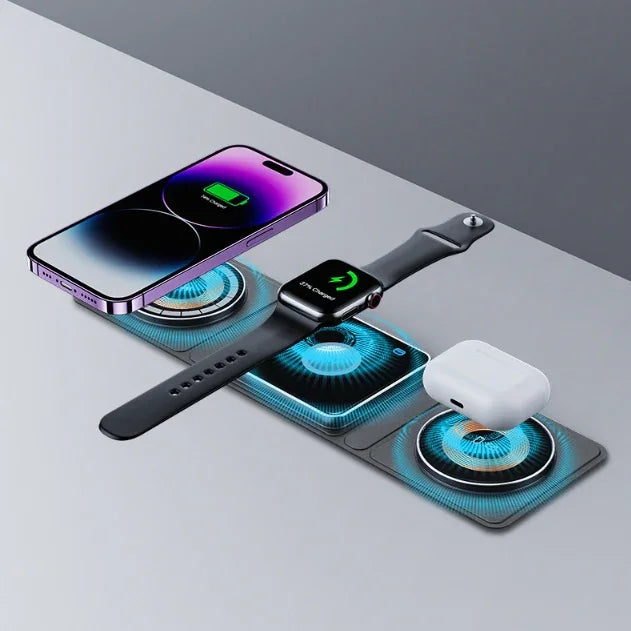 3 IN 1 Magnetic Folding Wireless Charger Station For IPhone Transparent Fast Charging For IWatch And Airpods - Mooth Shop