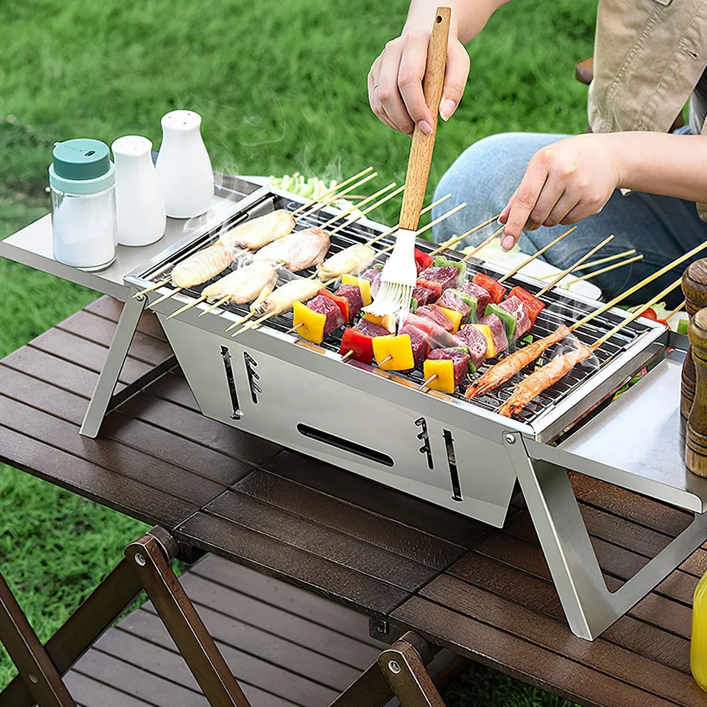 1 Set 3 In 1 Foldable Charcoal Grill Fire Pit Slow Cooker 2-3 People Portable Camping Grill Stainless Steel BBQ Grill For Camping Tailgating Yard - Mooth Shop
