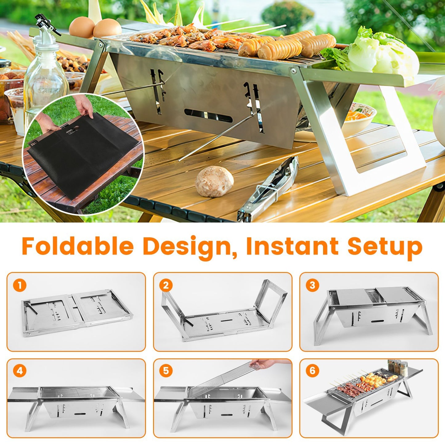 1 Set 3 In 1 Foldable Charcoal Grill Fire Pit Slow Cooker 2-3 People Portable Camping Grill Stainless Steel BBQ Grill For Camping Tailgating Yard