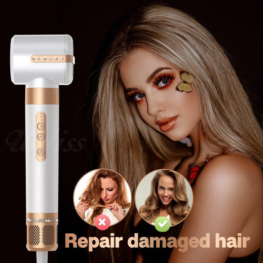 White and gold hair care device with model showcasing shiny, smooth blonde hair and text Repair damaged hair