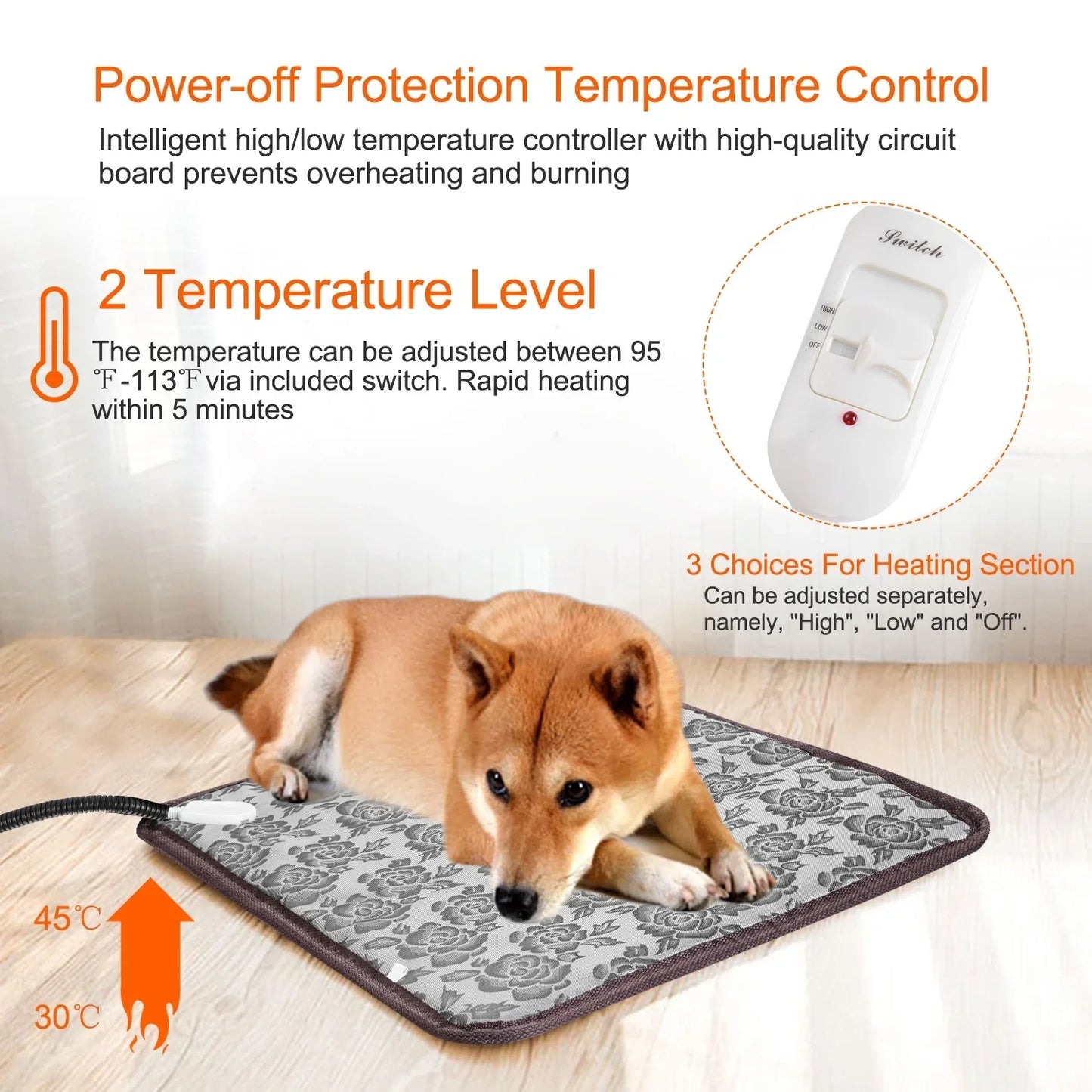 1Pc Pet Heating Pad Dog Cat Electric Heating Mat Waterproof Adjustable Warming Blanket With Chew Resistant Steel Cord Case - Mooth Shop