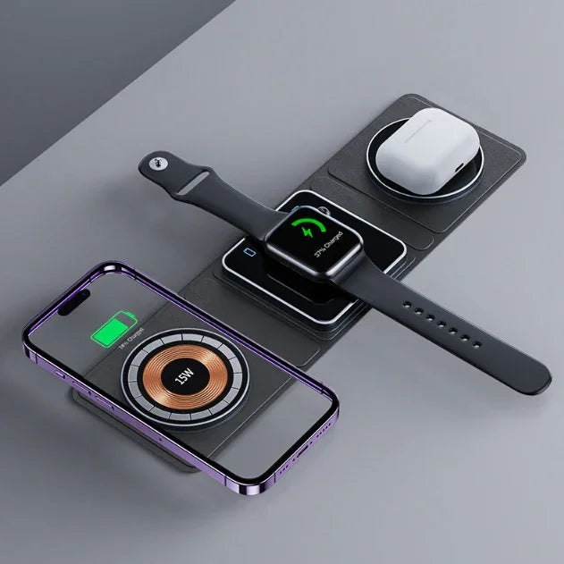 3 IN 1 Magnetic Folding Wireless Charger Station For IPhone Transparent Fast Charging For IWatch And Airpods - Mooth Shop