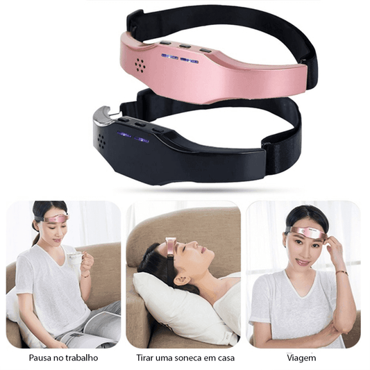 Two adjustable headbands with electronic controls in black and rose gold, shown with a woman using the rose gold device for relaxation at home