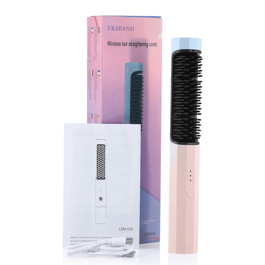 Wireless hair straightening comb with pink handle, black bristles, USB charging cable, manual, and pink packaging box