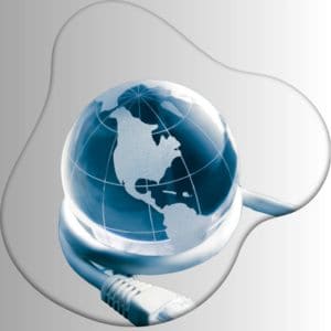 Crystal globe showing North and South America with Ethernet cable, symbolizing global internet connection