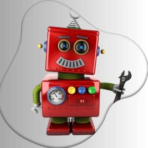 Red vintage toy robot with big eyes, gauge, colorful buttons, spring antenna, and holding a wrench
