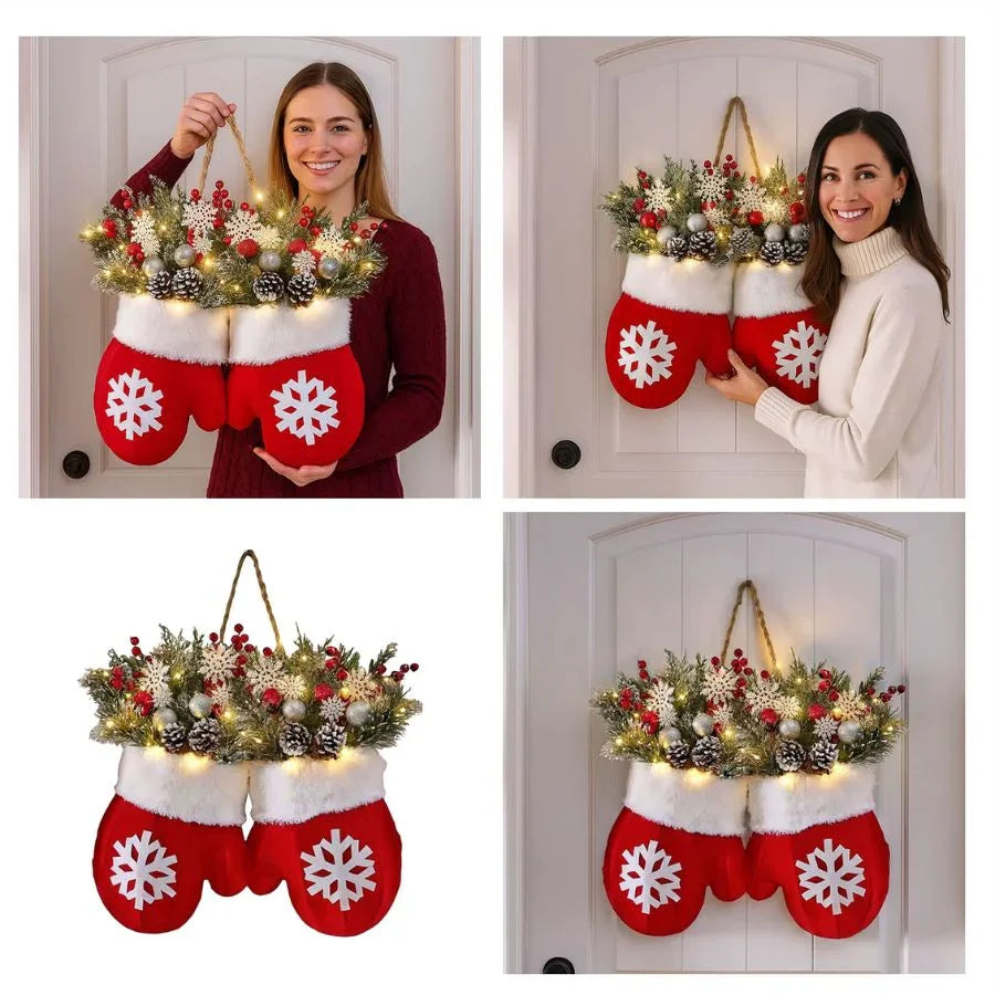 Christmas Garland Creative Glove Shaped Simulated Flower Wreath Window Door Gate Decoration Door Sign Xmas Party Decoration-Mooth Shop