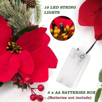 Cordão de luzes de Natal de 2 metros com flores de poinsétia, frutos vermelhos e folhas de azevinho em LED-Mooth Shop