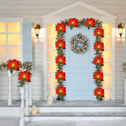 Cordão de luzes de Natal de 2 metros com flores de poinsétia, frutos vermelhos e folhas de azevinho em LED-Mooth Shop