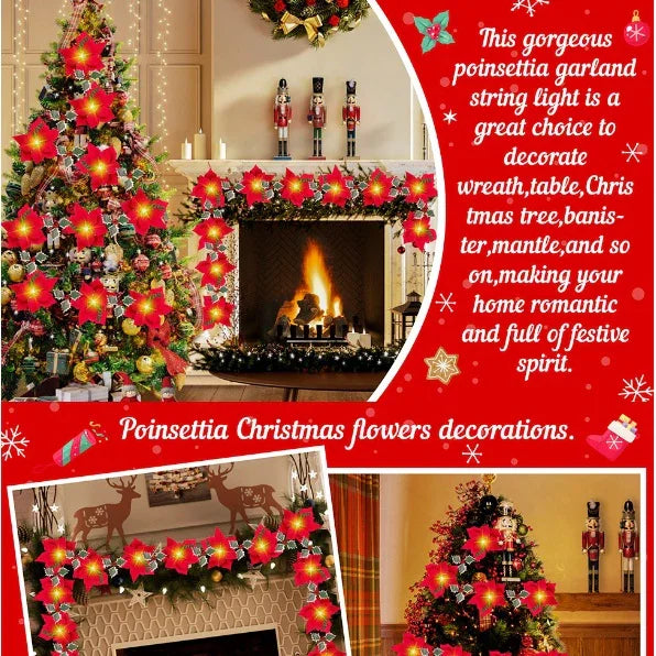 Cordão de luzes de Natal de 2 metros com flores de poinsétia, frutos vermelhos e folhas de azevinho em LED-Mooth Shop