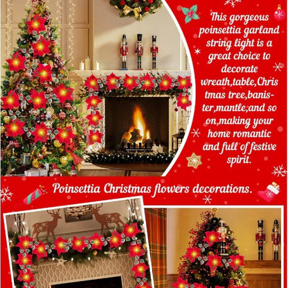 Cordão de luzes de Natal de 2 metros com flores de poinsétia, frutos vermelhos e folhas de azevinho em LED-Mooth Shop