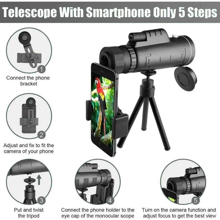Compatible with Apple, Monocular Telescope Zoom Scope with Compass Phone Clip Tripod - Mooth Shop