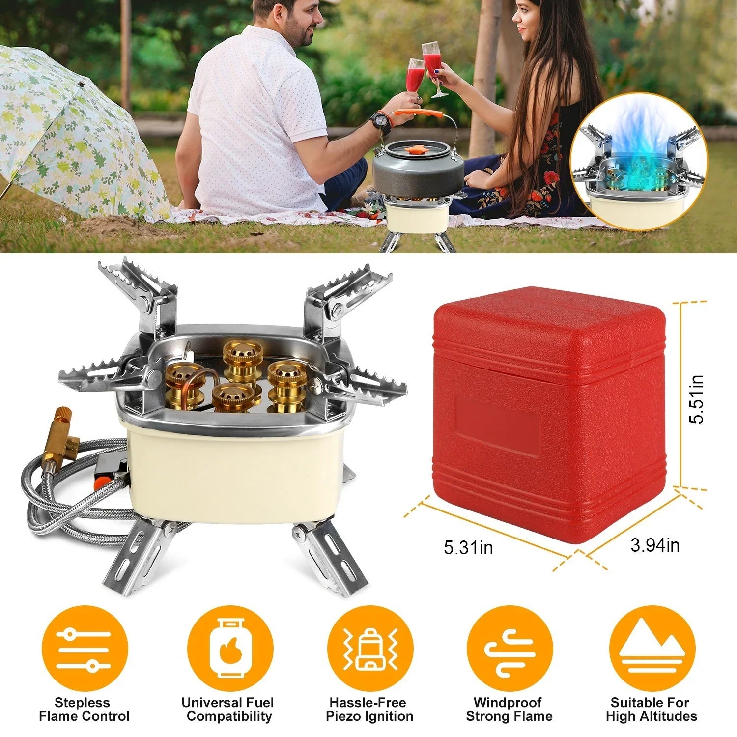 13000W Portable Windproof Camping Stove Five-head Gas Cooking Burner With Piezo Ignition Stepless Flame Control Fit For ISO-butane, Propane, Butane Fuel Tank For Backpacking Picnic Outdoor Cooking - Mooth Shop