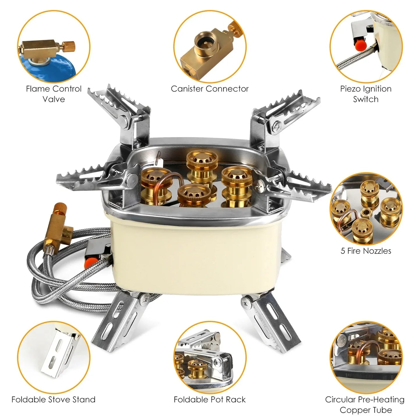 13000W Portable Windproof Camping Stove Five-head Gas Cooking Burner With Piezo Ignition Stepless Flame Control Fit For ISO-butane, Propane, Butane Fuel Tank For Backpacking Picnic Outdoor Cooking - Mooth Shop