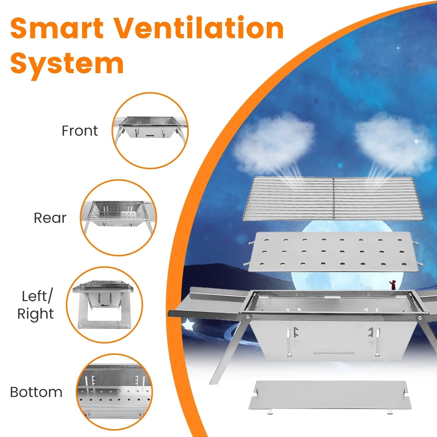 1 Set 3 In 1 Foldable Charcoal Grill Fire Pit Slow Cooker 2-3 People Portable Camping Grill Stainless Steel BBQ Grill For Camping Tailgating Yard - Mooth Shop