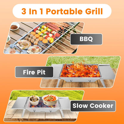 1 Set 3 In 1 Foldable Charcoal Grill Fire Pit Slow Cooker 2-3 People Portable Camping Grill Stainless Steel BBQ Grill For Camping Tailgating Yard - Mooth Shop