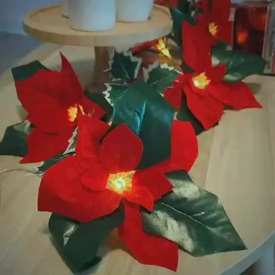 Cordão de luzes de Natal de 2 metros com flores de poinsétia, frutos vermelhos e folhas de azevinho em LED-Mooth Shop