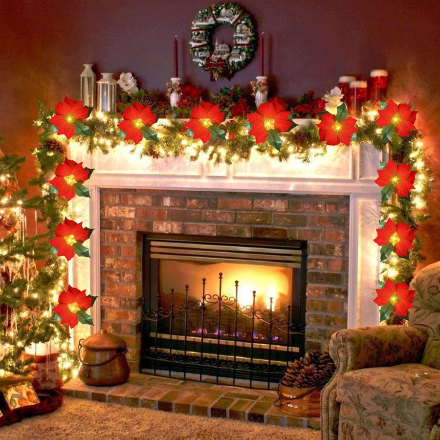 1Cordão de luzes de Natal de 2 metros com flores de poinsétia, frutos vermelhos e folhas de azevinho em LED-Mooth Shop-vídeo